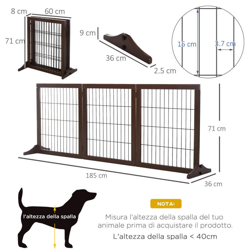 Folding and Adjustable Pet Gate in Pine Wood and Metal with Stable Base, for Dogs and Puppies, 185x36x71cm - Borge' Group Limited