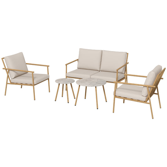 Outsunny Garden Lounge with Sofa, 2 Armchairs and 2 Bamboo Effect Coffee Tables with Cushions, Brown - Borgè