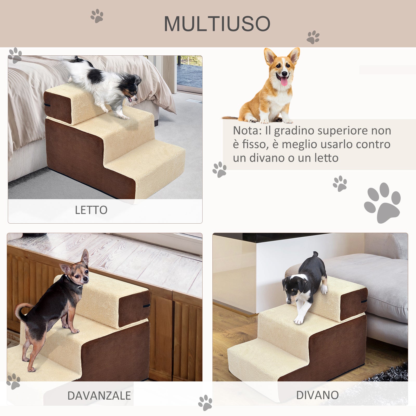 3-Step Removable Non-Slip Dog and Puppy Ladder, Beige and Brown, 54x40x39cm