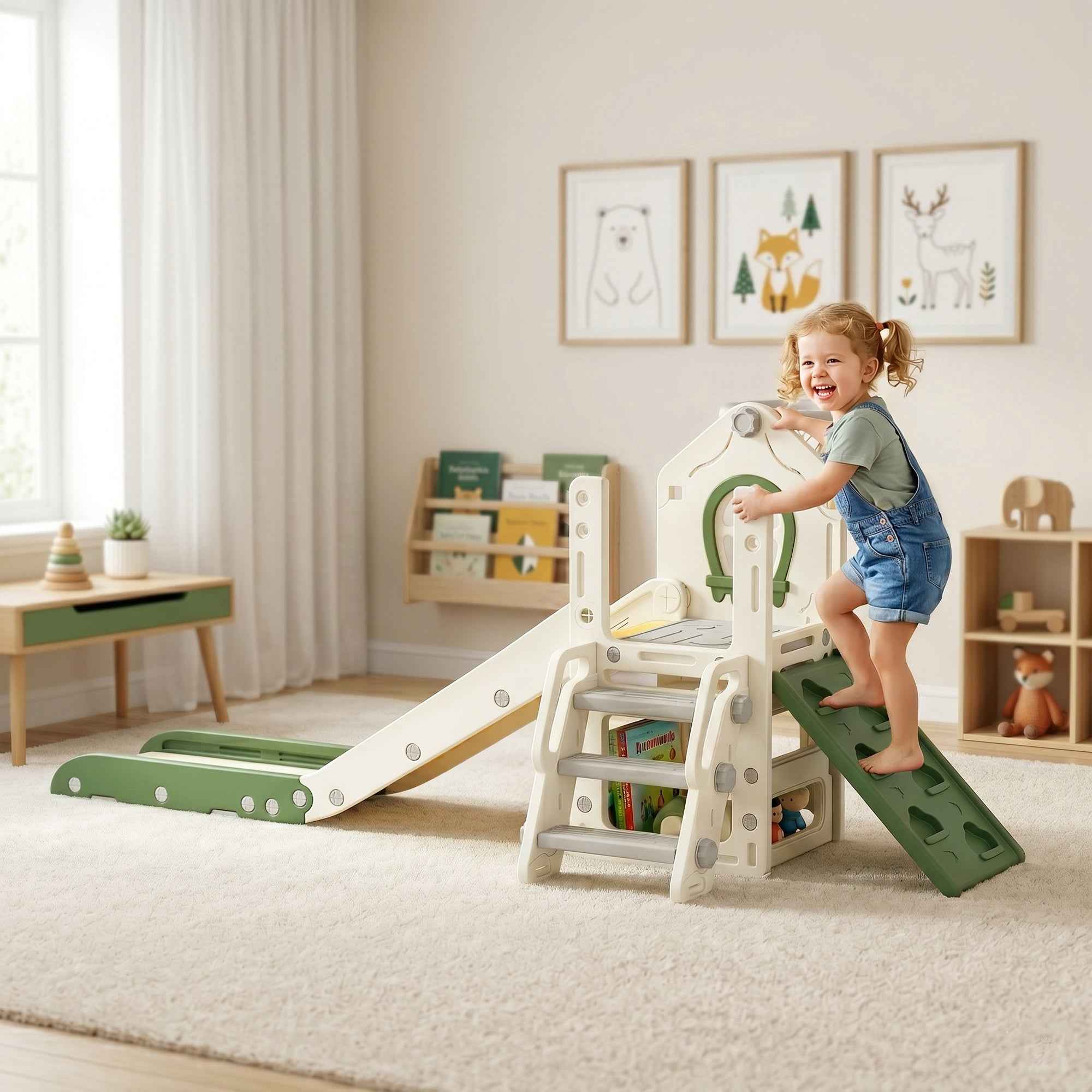 AIYAPLAY Slide for Children 1-3 Years with Climbing Frame, Basketball Hoop, Storage Space, Non-Slip Steps, Cream