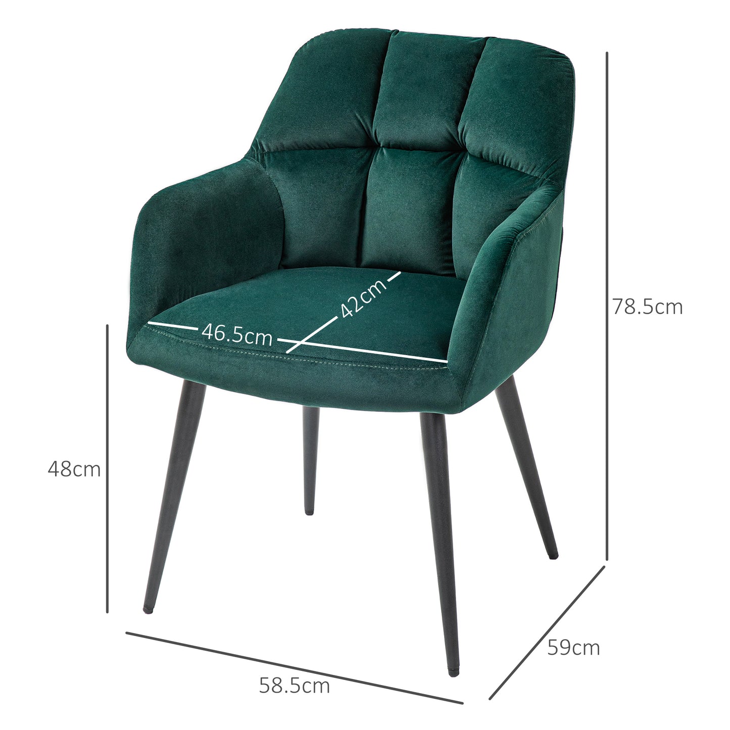 Velvet and Padded Lounge Armchair with Steel Legs and Extended Armrests, Green - Borgè