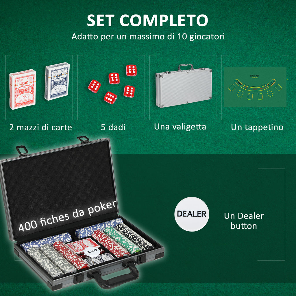 10 Player Poker Set with 400 Chips, 2 Decks of Cards, 5 Dice, Mat and Grey Case