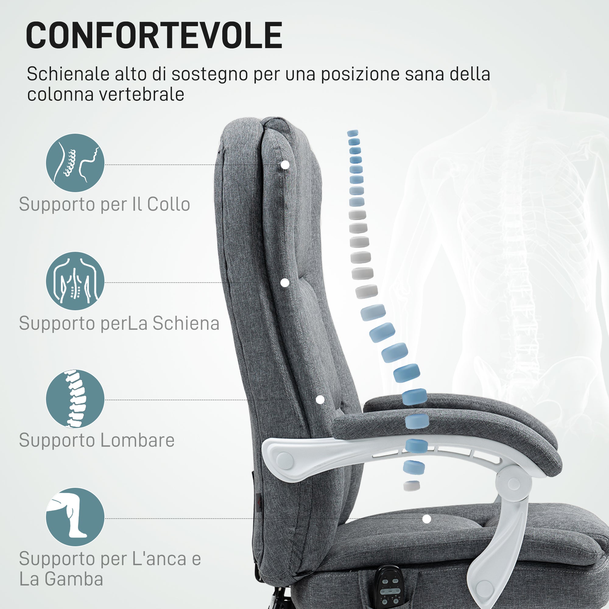 Heated Massage Office Chair, Reclining Linen Fabric Chair with Footrest, Grey