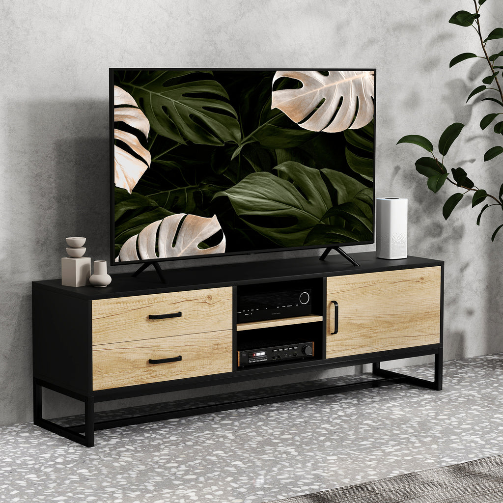 TV Cabinet 60" with Cabinet, 2 Drawers and Open Shelves, 140x35x45 cm, Natural Wood