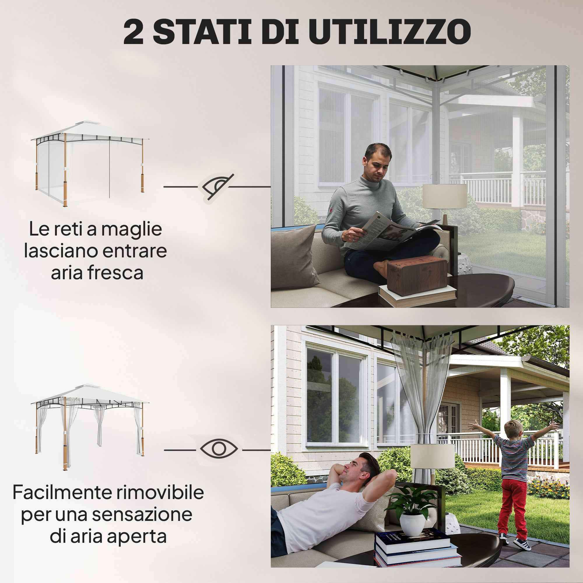 Outsunny Gazebo 3 x 3.6 m, Double Roof UPF50+ with Net, Cream