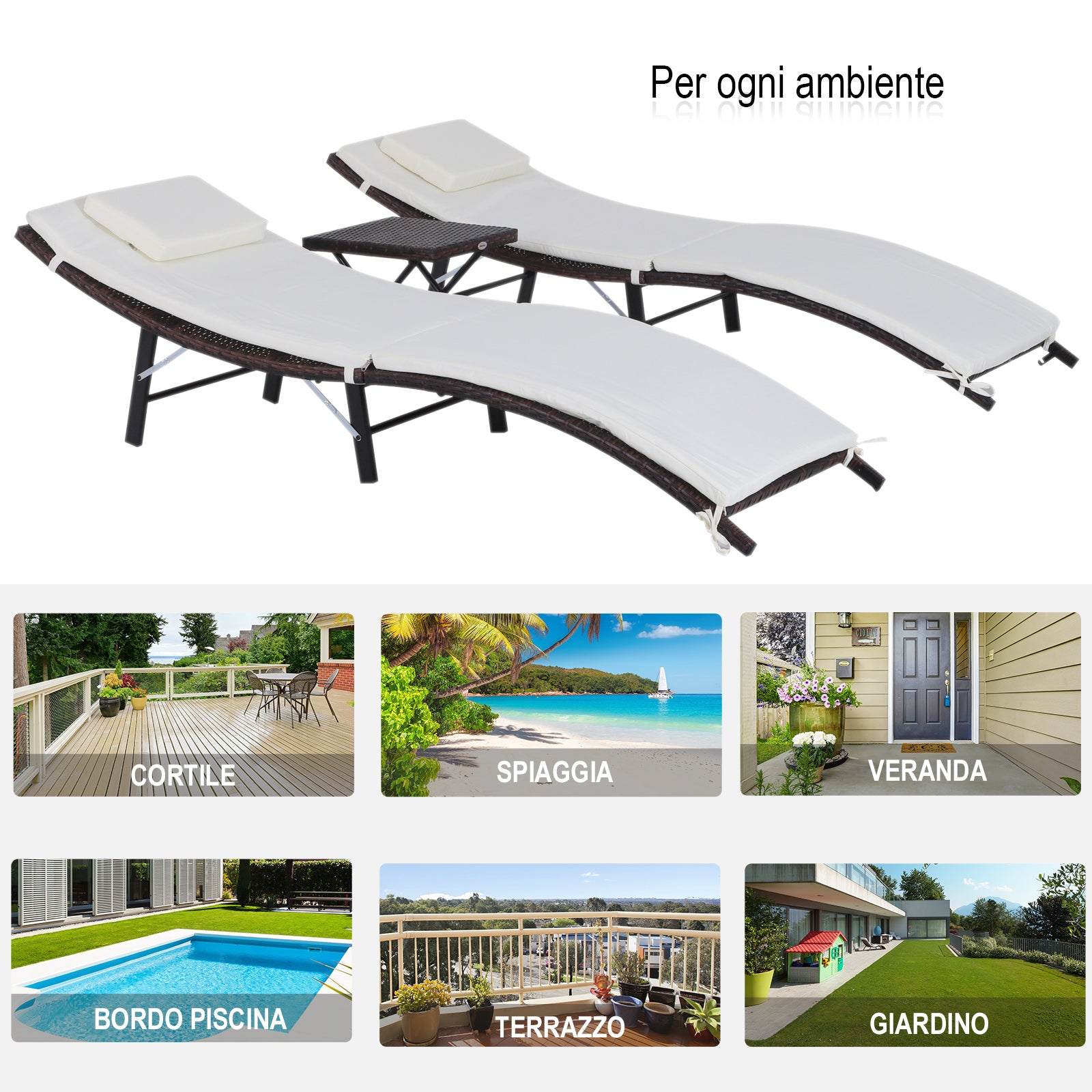 Folding Sun Loungers with Removable Cushions and Folding Table, 3-Piece Rattan Set, Cream