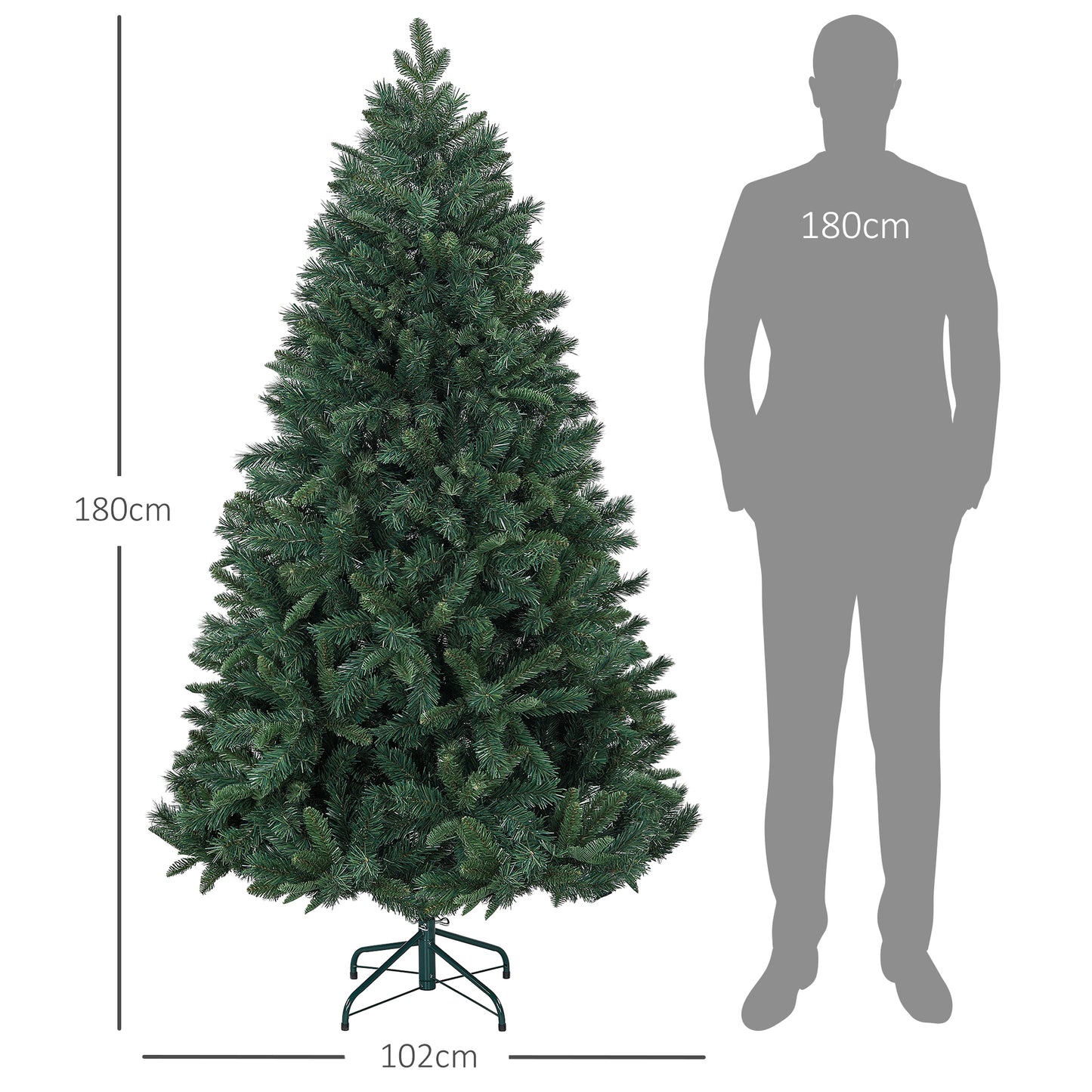 CHRISTMAS TREE - Artificial Christmas Tree 180cm with 1061 Branches and Metal Base, Green