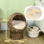 Raised Cat Bed with Cushion, Natural Banana Leaf House, Beige and Brown, 42x33x52cm - Borge' Group Limited