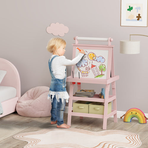 3 in 1 Children's Easel Blackboard, Paper Roll and 2 Containers, Wooden, 59x48x118 cm, Pink