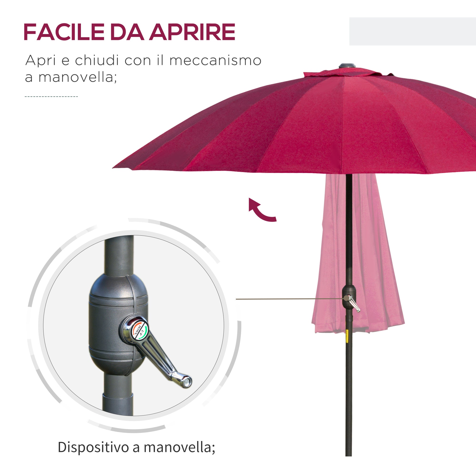 18-Ribbed Folding Round Umbrella with Crank Handle, Metal and Polyester, Ø250x240 cm, Wine Red