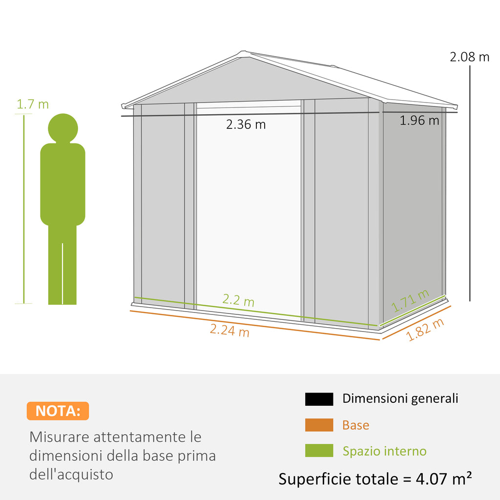 Wood Effect Steel Garden Shed with Double Sliding Doors, 236x196x208 cm, Brown