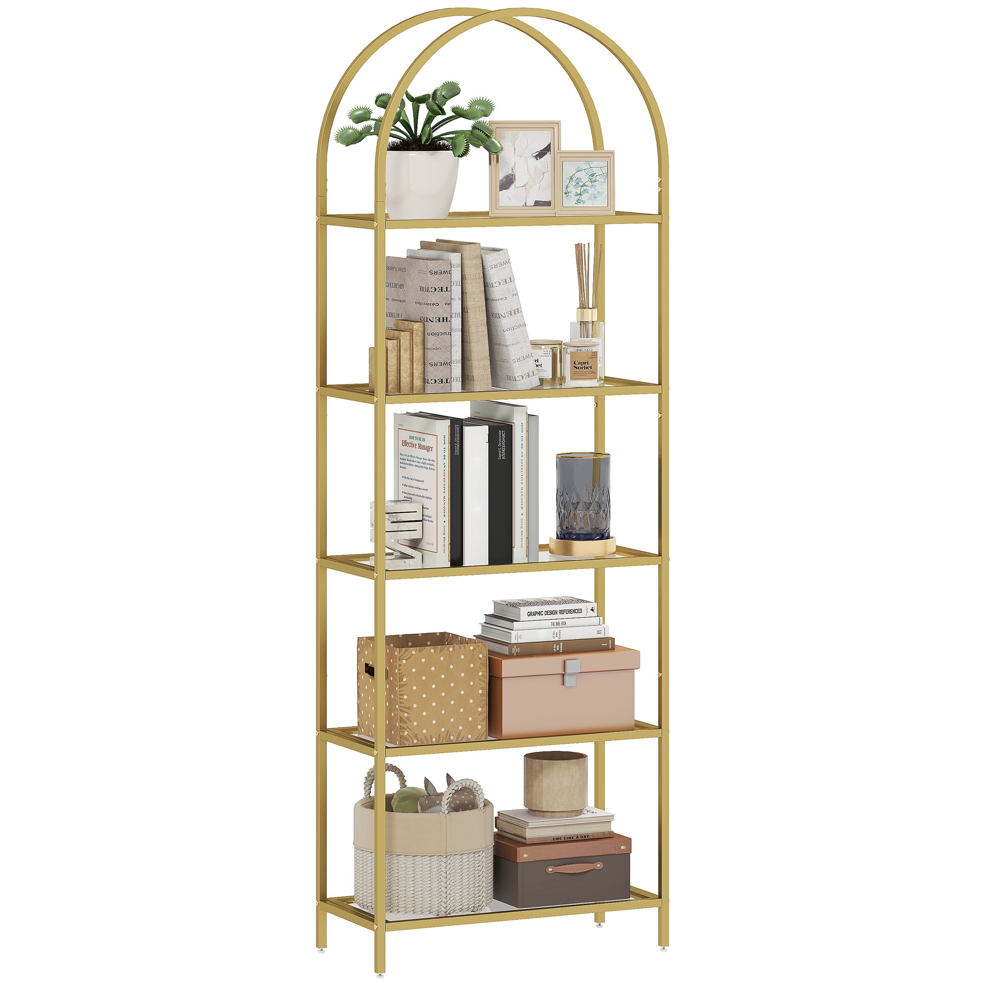 5-Tier Arched Storage Shelf in Steel and Tempered Glass, 60x30x175 cm, Gold