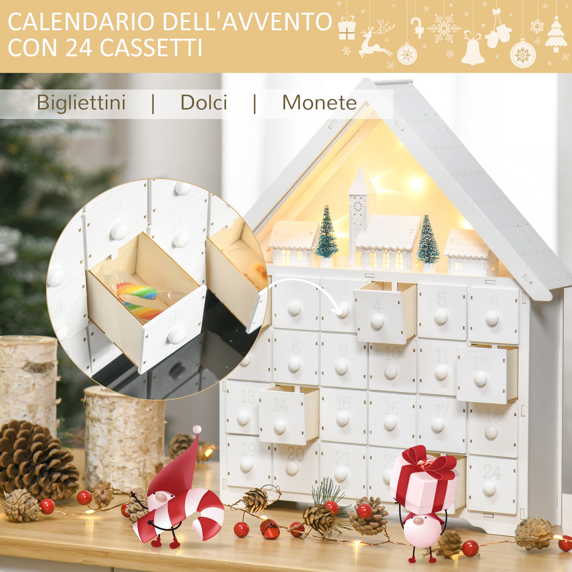 Wooden Advent Calendar to Fill with 24 Drawers and Christmas Village with Trees and Lights, 39x9x42cm