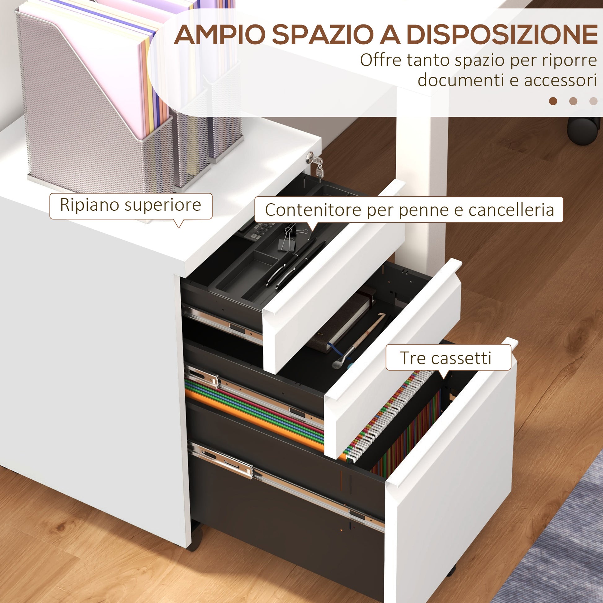 3 -drawer office cabinet with adjustable bar and tray, in steel, 37x43.5x60 cm, white, white - Borgè