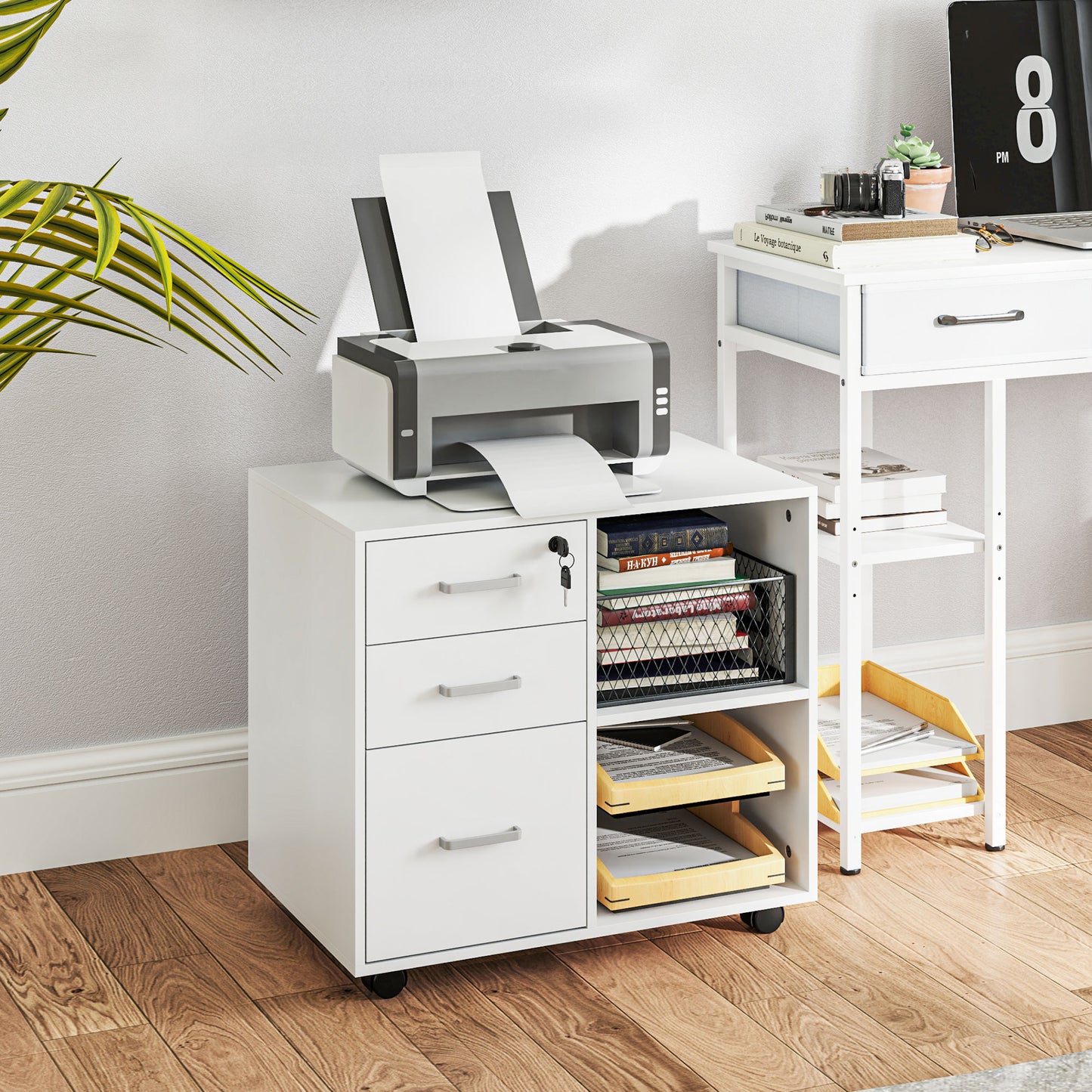 Office Document Chest with 3 Drawers, Wheels, Lock and Keys, 60x40x56 cm, White