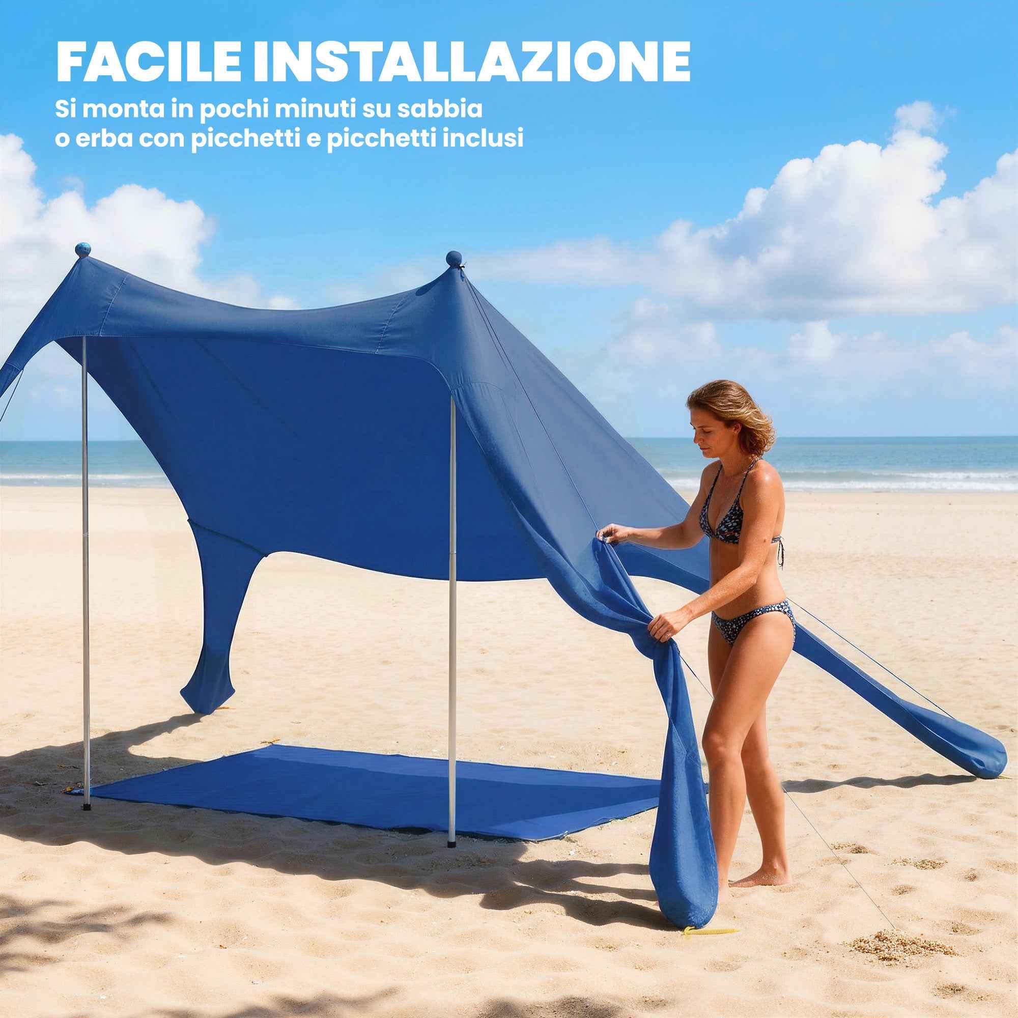 Outsunny UV 50+ Beach Tent for 2-4 People with Mat and Shovel, in Lycra and Aluminum, 200x208x200 cm, Blue
