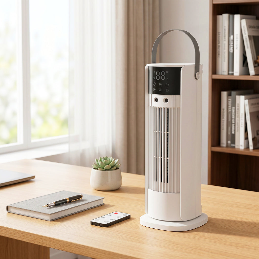 HOMCOM Misting Table Fan, Remote Control, Handle, LED Lights, 3 Speeds, 10-Hour Timer, White