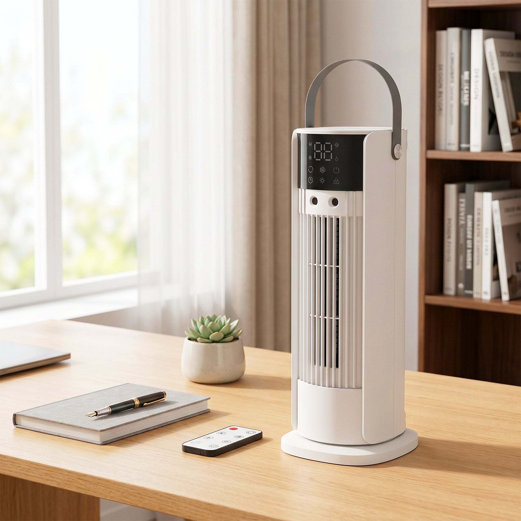 HOMCOM Misting Table Fan, Remote Control, Handle, LED Lights, 3 Speeds, 10-Hour Timer, White