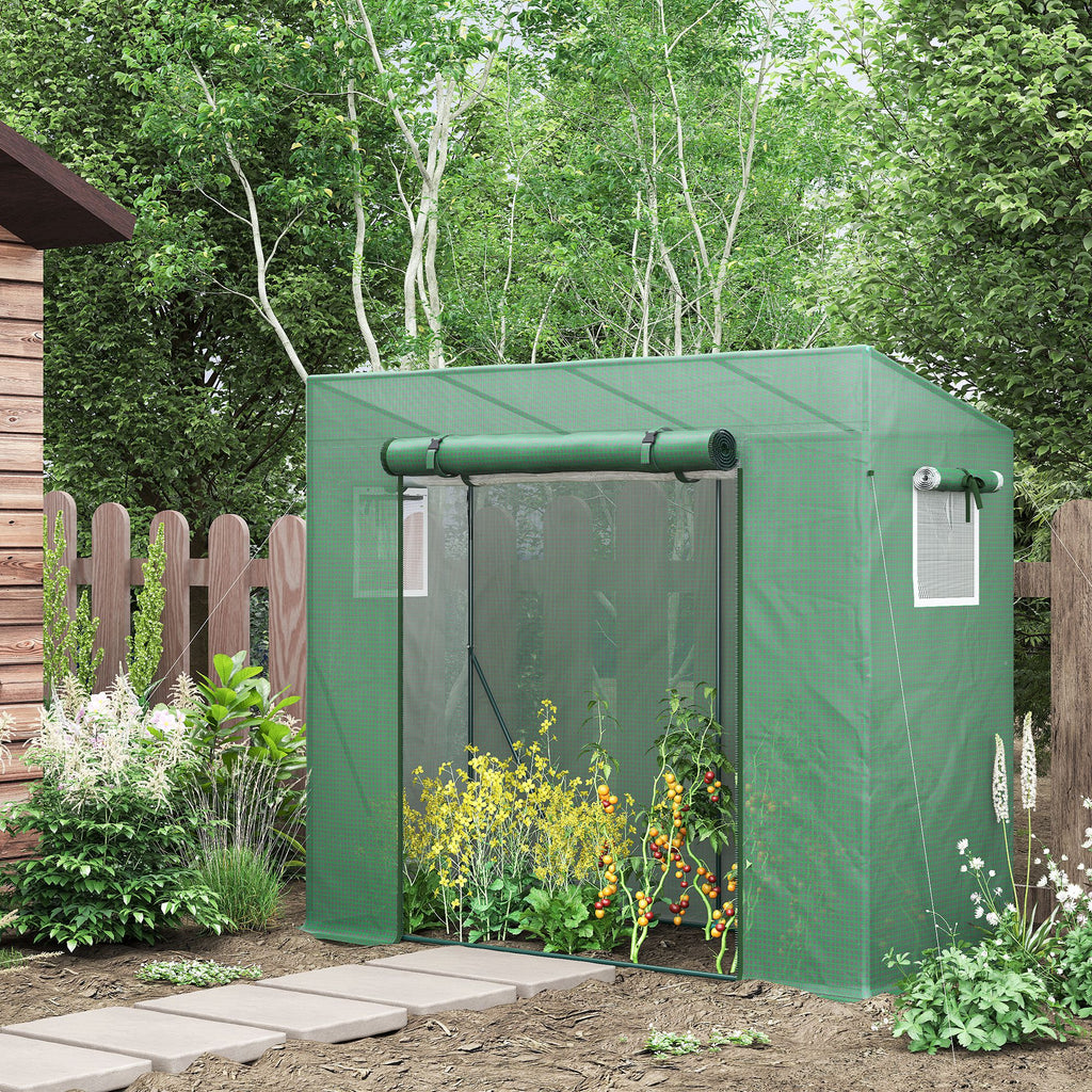 Outsunny PE and Steel Garden Greenhouse with 4 Stakes, 2 Windows and Reinforced Cover, 200x77x148-169cm