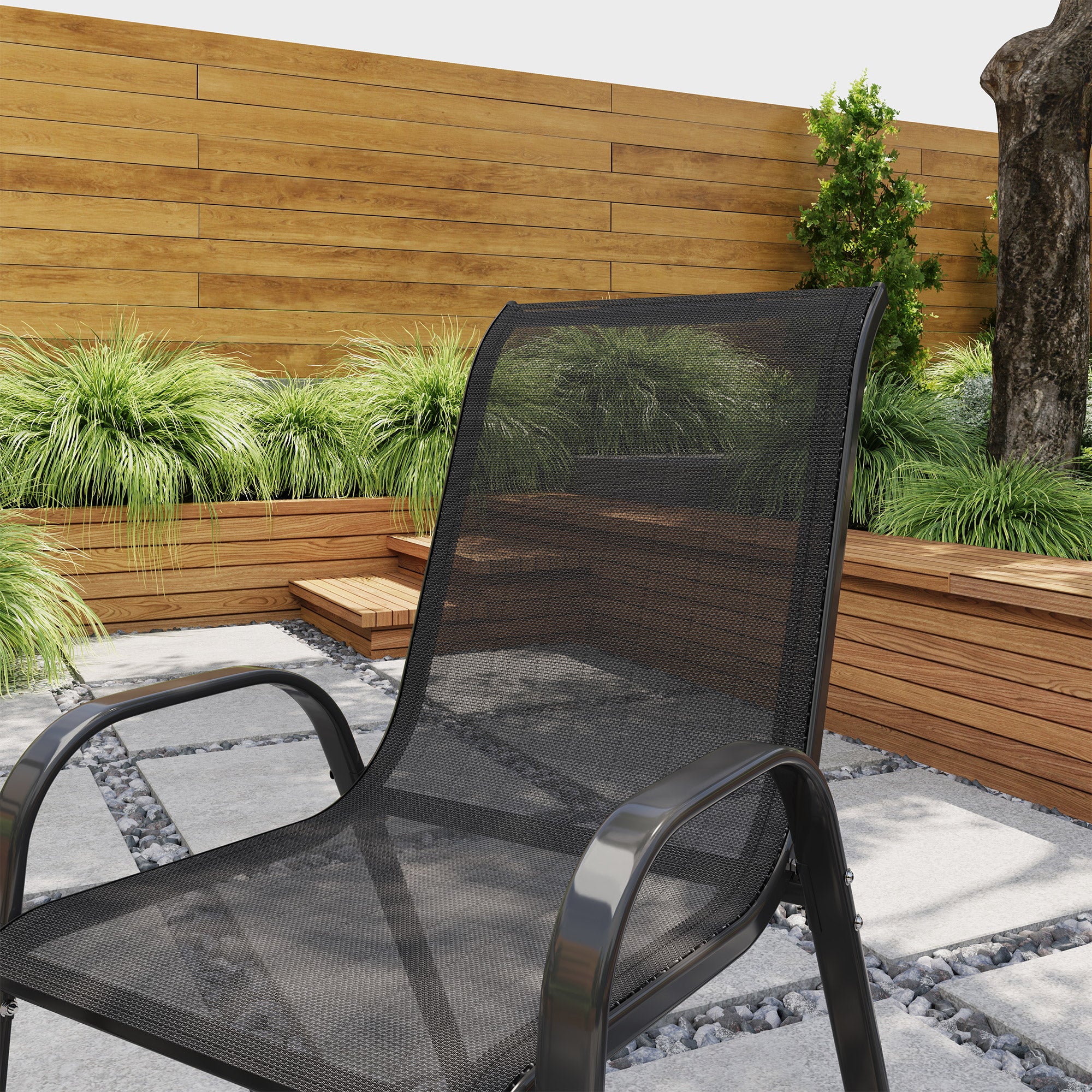 Outsunny Set of 2 Stackable Garden Chairs with Curved Armrests, Steel and Breathable Fabric, 54x71x93 cm, Black