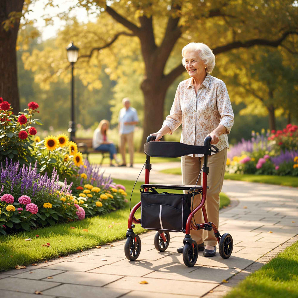 HOMCOM Folding Walker with Seat and Backrest for the Elderly, Adjustable Height, Bag and Cane Holder, Red