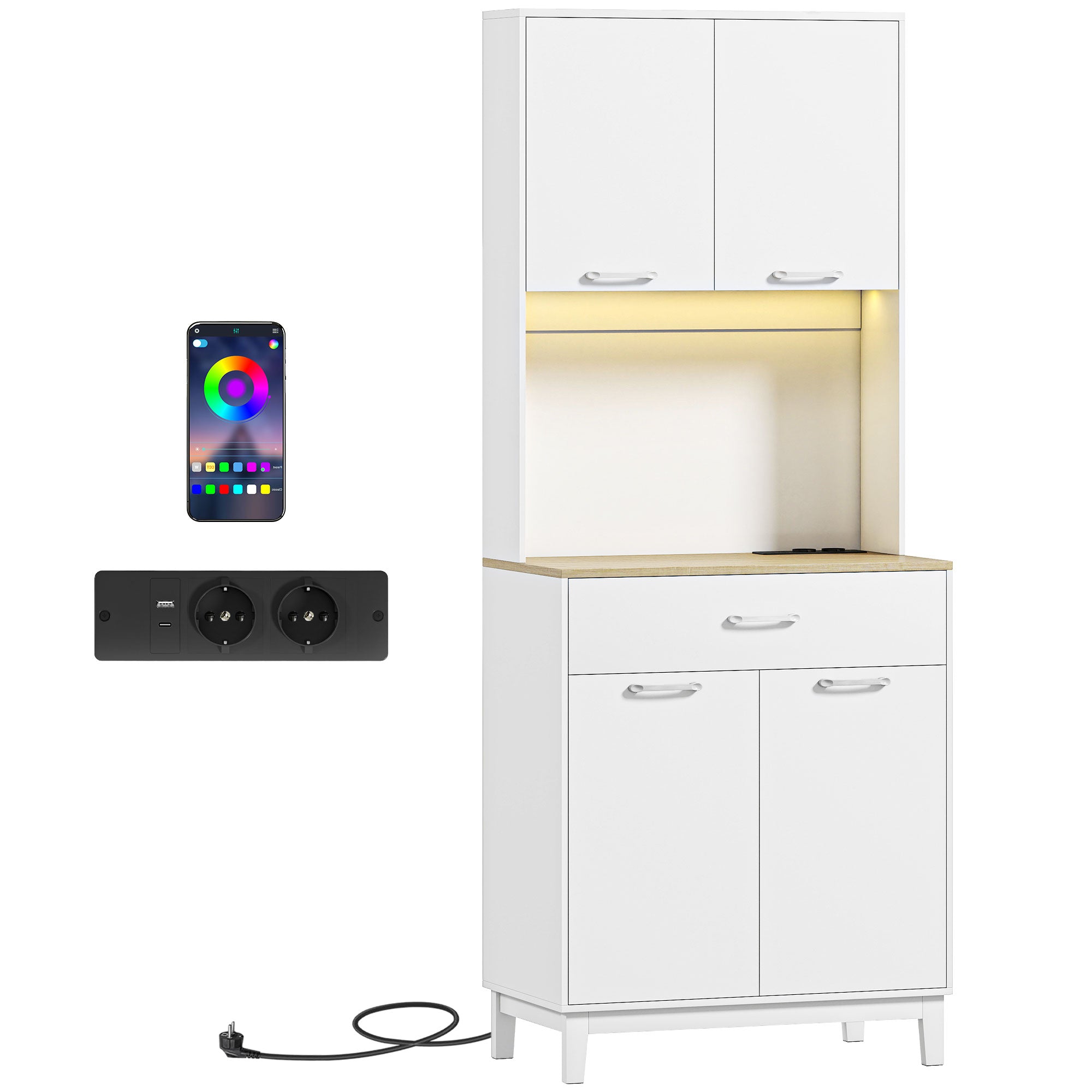 Modern Sideboard with LED Lights, Power Sockets and USB Ports, 2 Cabinets and Drawer, 71x40x180 cm, White