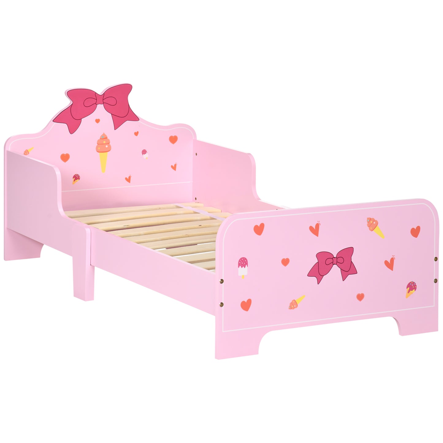 Children's Bed with Sides and Bows and Hearts Pattern, Age 3-6 Years, 143x74x59cm, Pink