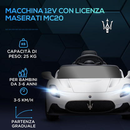 Maserati MC20 Children's Car, Manual Drive, Remote Control and LED Headlights, Age 3-6 Years, White