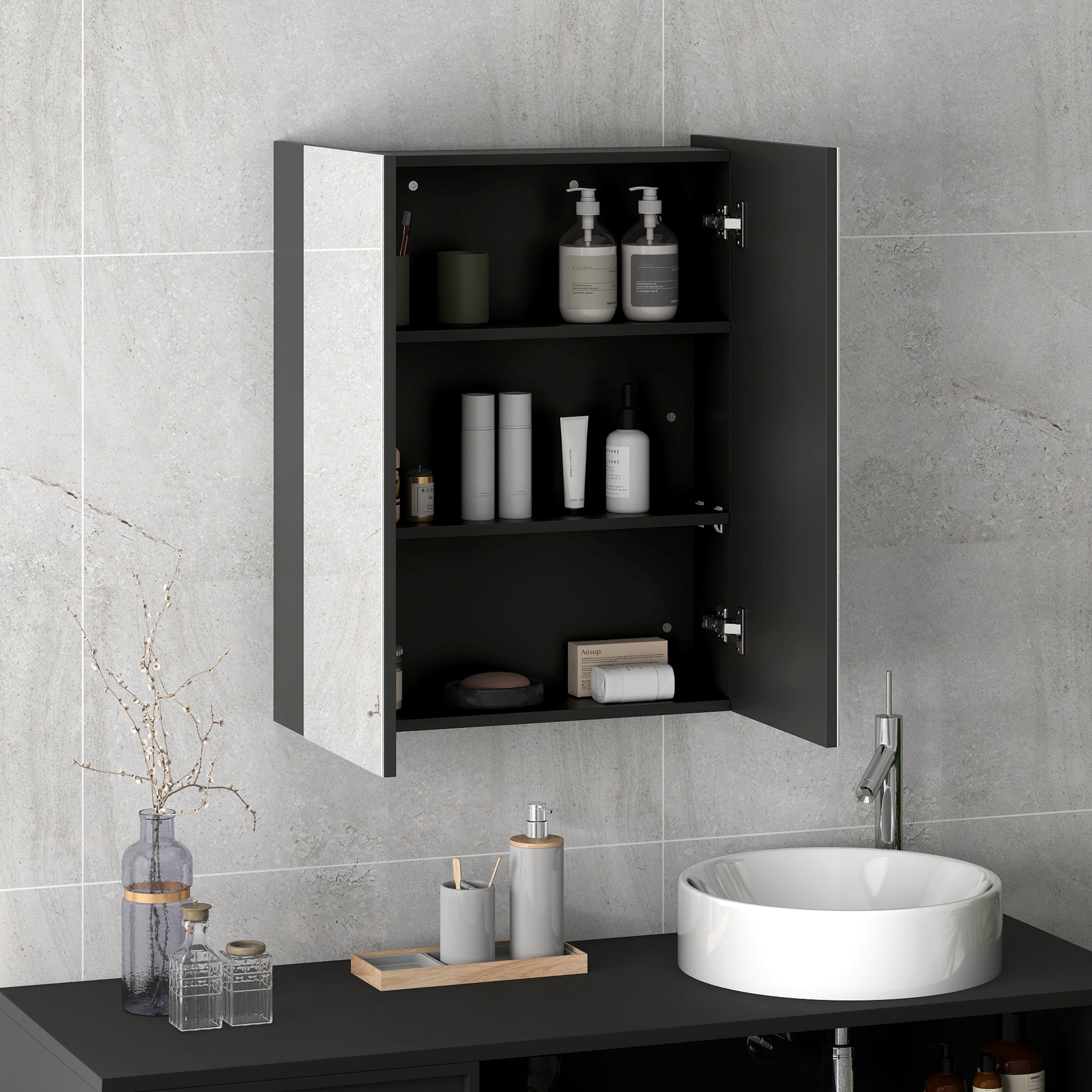 Bathroom Wall Cabinet with 2 Doors, Mirror and 2 Internal Shelves in MDF, 60x15x75 cm, Black