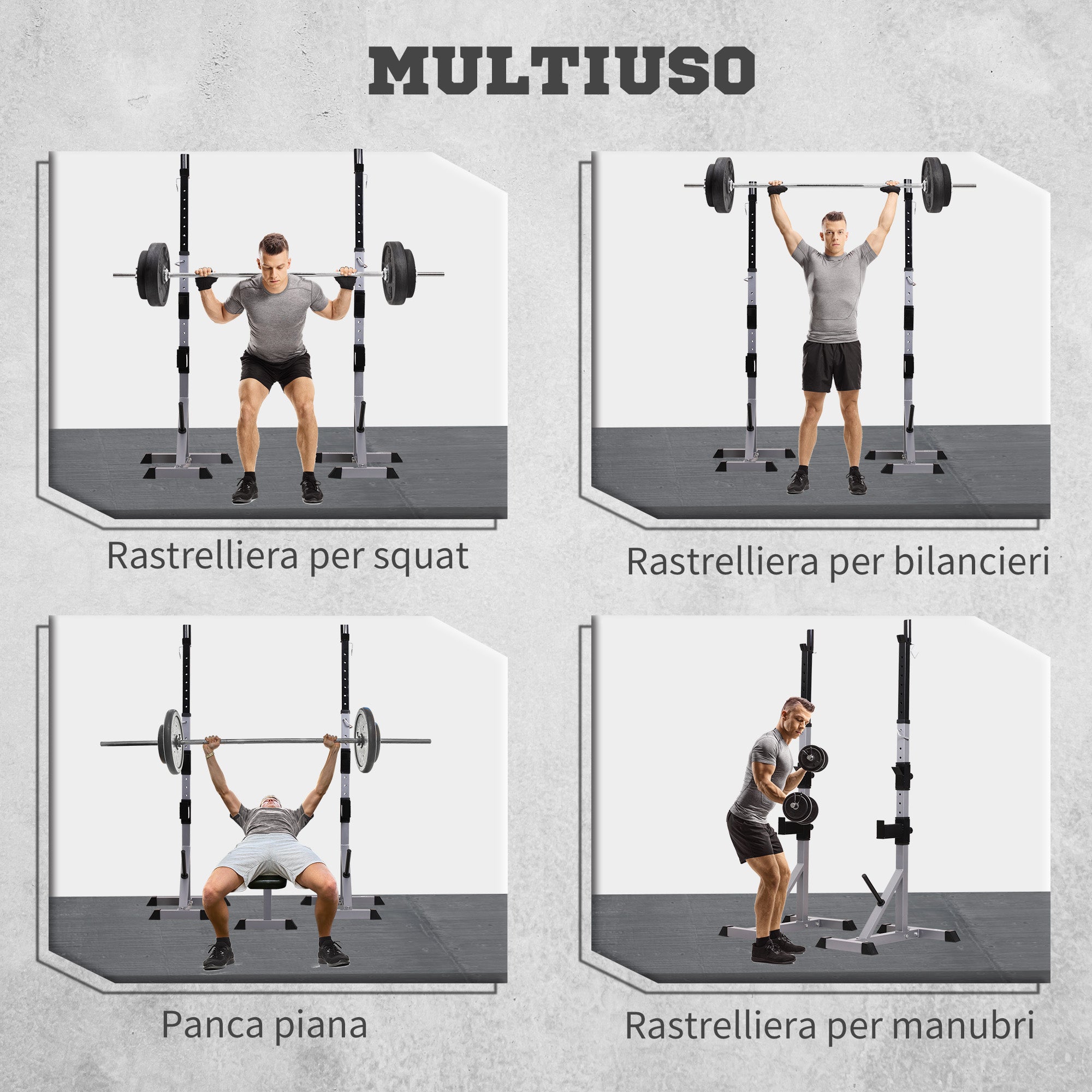 Set of 2 Steel Barbell Stands with 3 Hooks, Adjustable Height and 200kg Capacity, Silver and Black