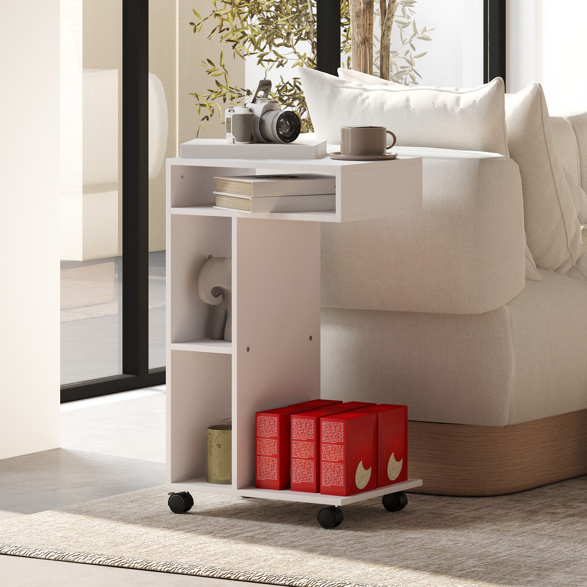 HOMCOM C-Shaped Wooden Coffee Table with Wheels and Open Shelf, 40x30x69 cm, White