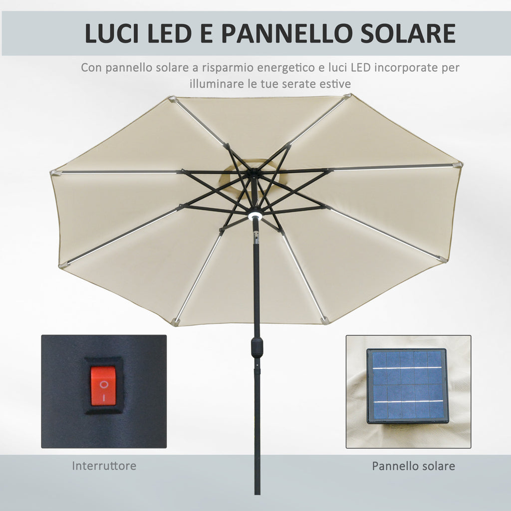 Garden Umbrella Φ270 x 245Acm with Crank Opening and Tilting, LED Lights and Solar Panel, Cream White