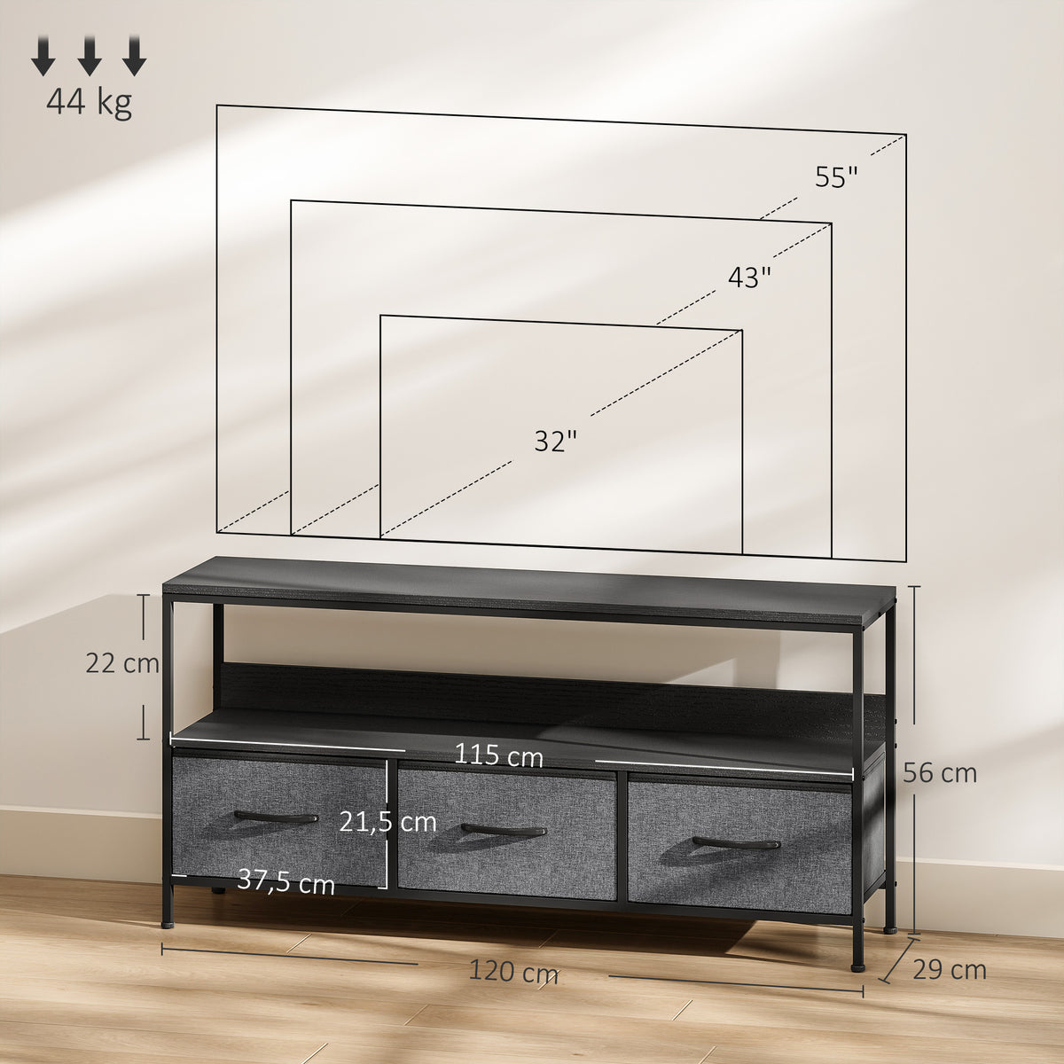 HOMCOM 55" TV Stand with Folding Fabric Drawers and Metal and MDF Shelf, 120x29x56cm, Black