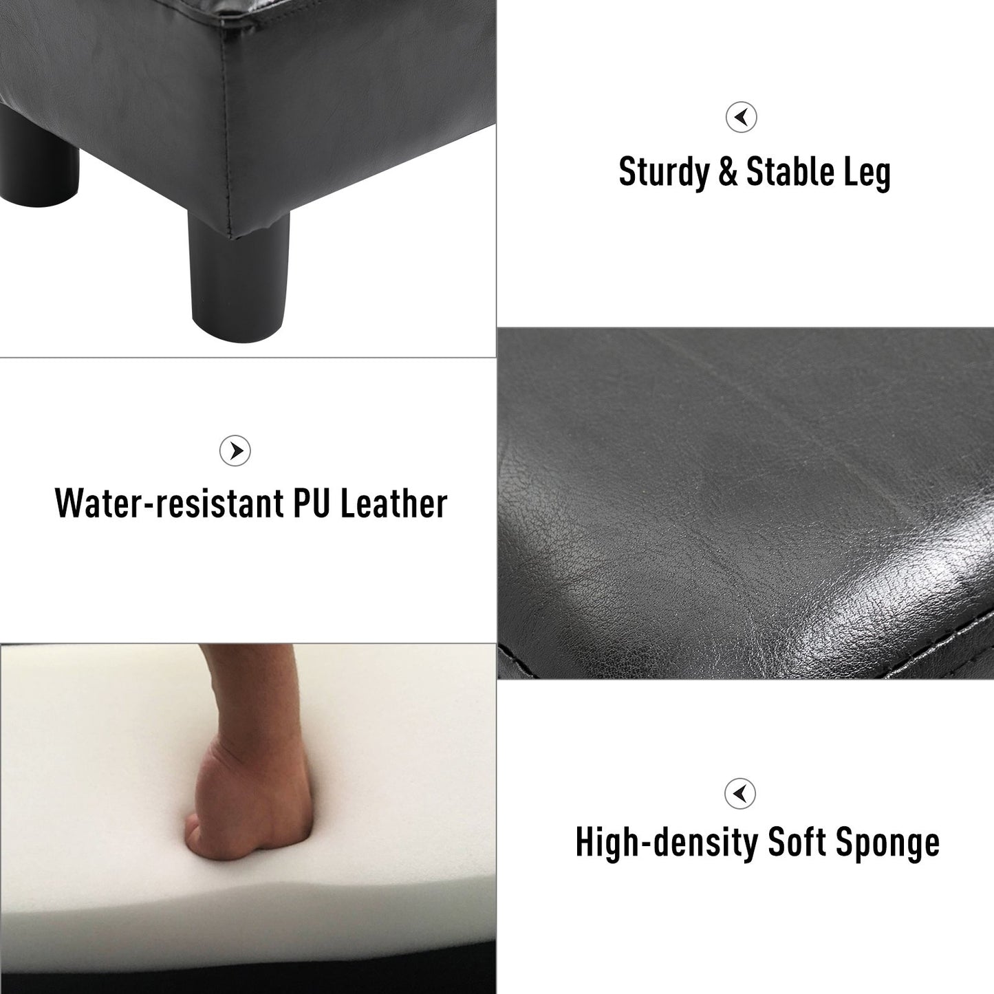 Rectangular Footstool Padded and Covered in Black Eco-Leather, 40x30x24 cm, Max. 100kg, for /Living Room/Entrance - Borgè