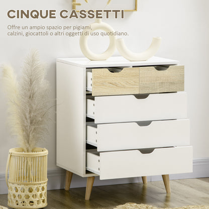 HOMCOM 5-drawer chest of drawers for bedroom with carved handles, 60x40x77.5cm, white and wood