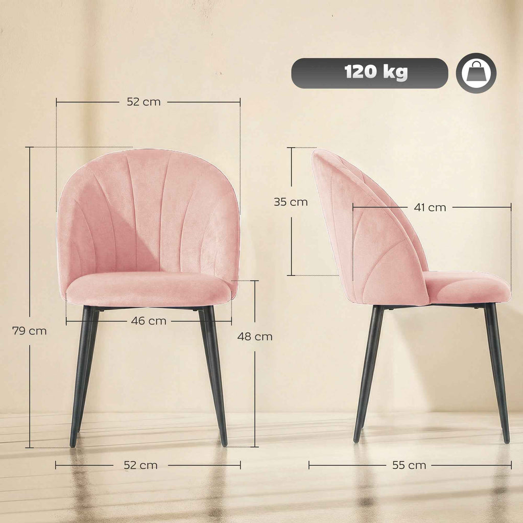 Set of 2 Velvet Shell-Back Dining Chairs, 52 x 55 x 79 cm, Pink