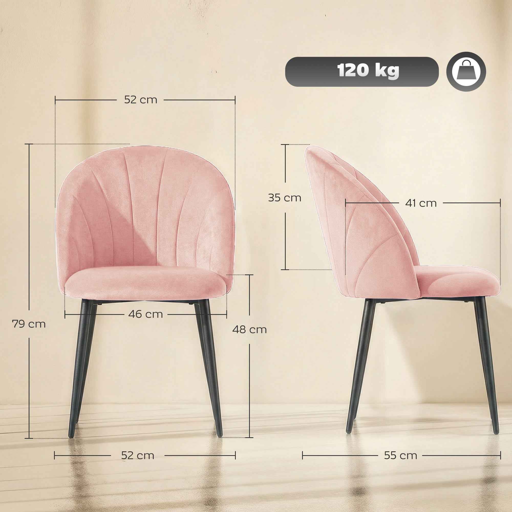 Set of 2 Velvet Shell-Back Dining Chairs, 52 x 55 x 79 cm, Pink