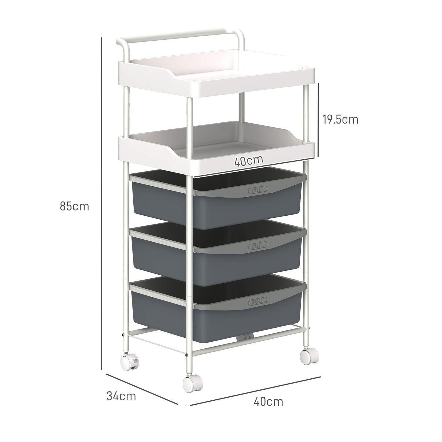 Storage Trolley with 2 Fixed Trays and 3 Sliding Trays, Steel and PP, 40x34x85 cm, White and Grey