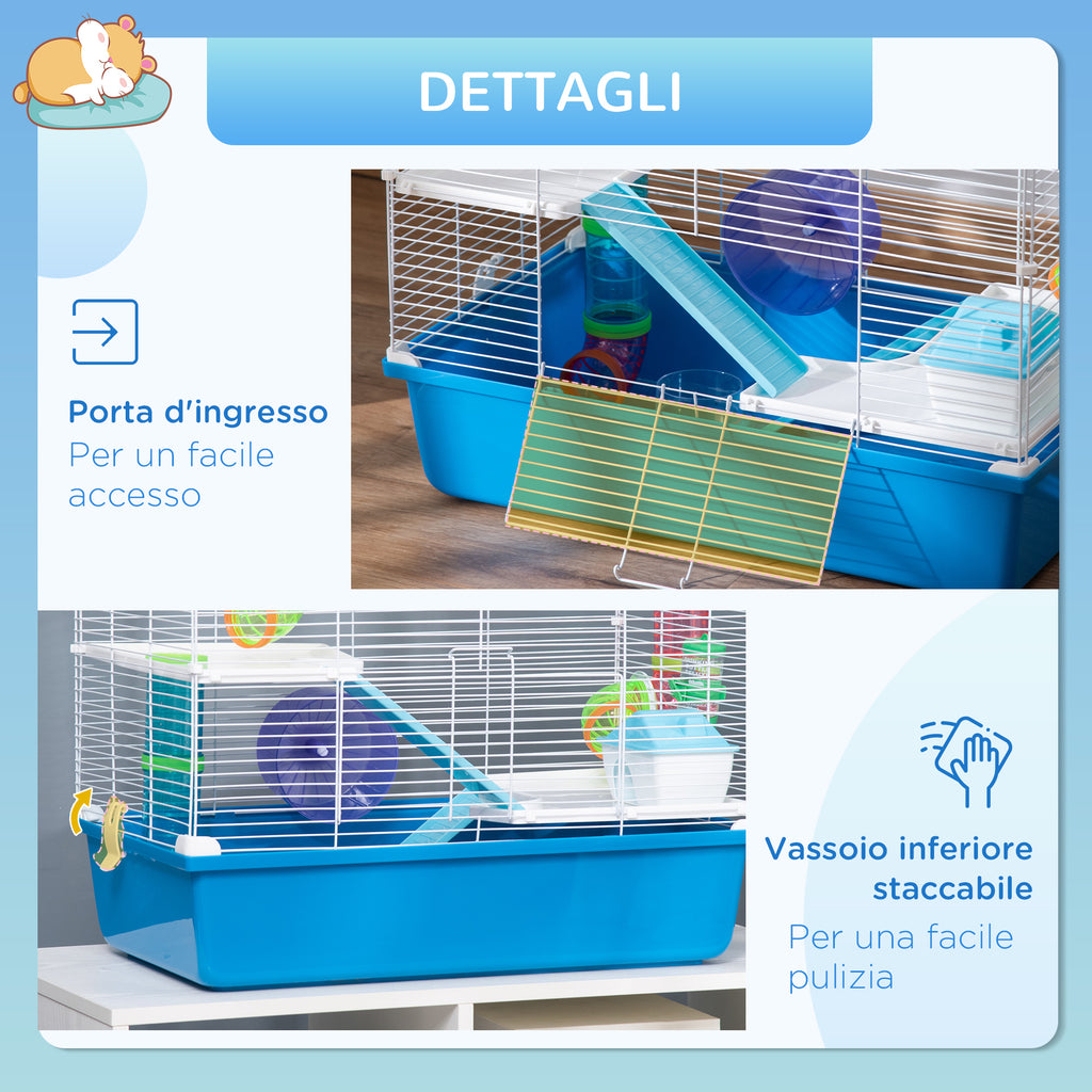 3-Tier Hamster Cage with Tunnel, House and Hamster Wheel, 59x36x47cm, Blue and White