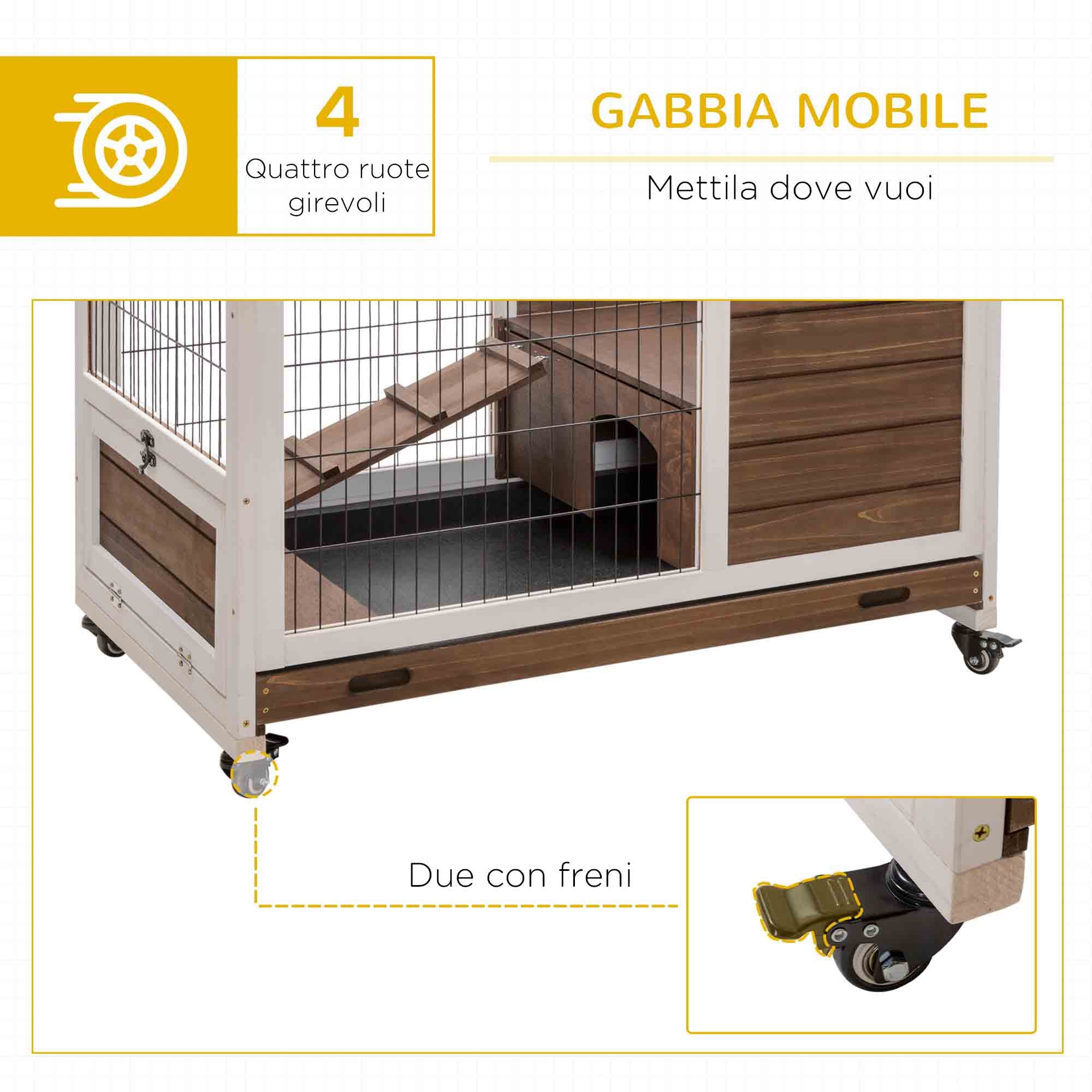 Wooden Rabbit Hutch with 4 Wheels, Rabbit House and Ramp, 90x53x59cm, Brown