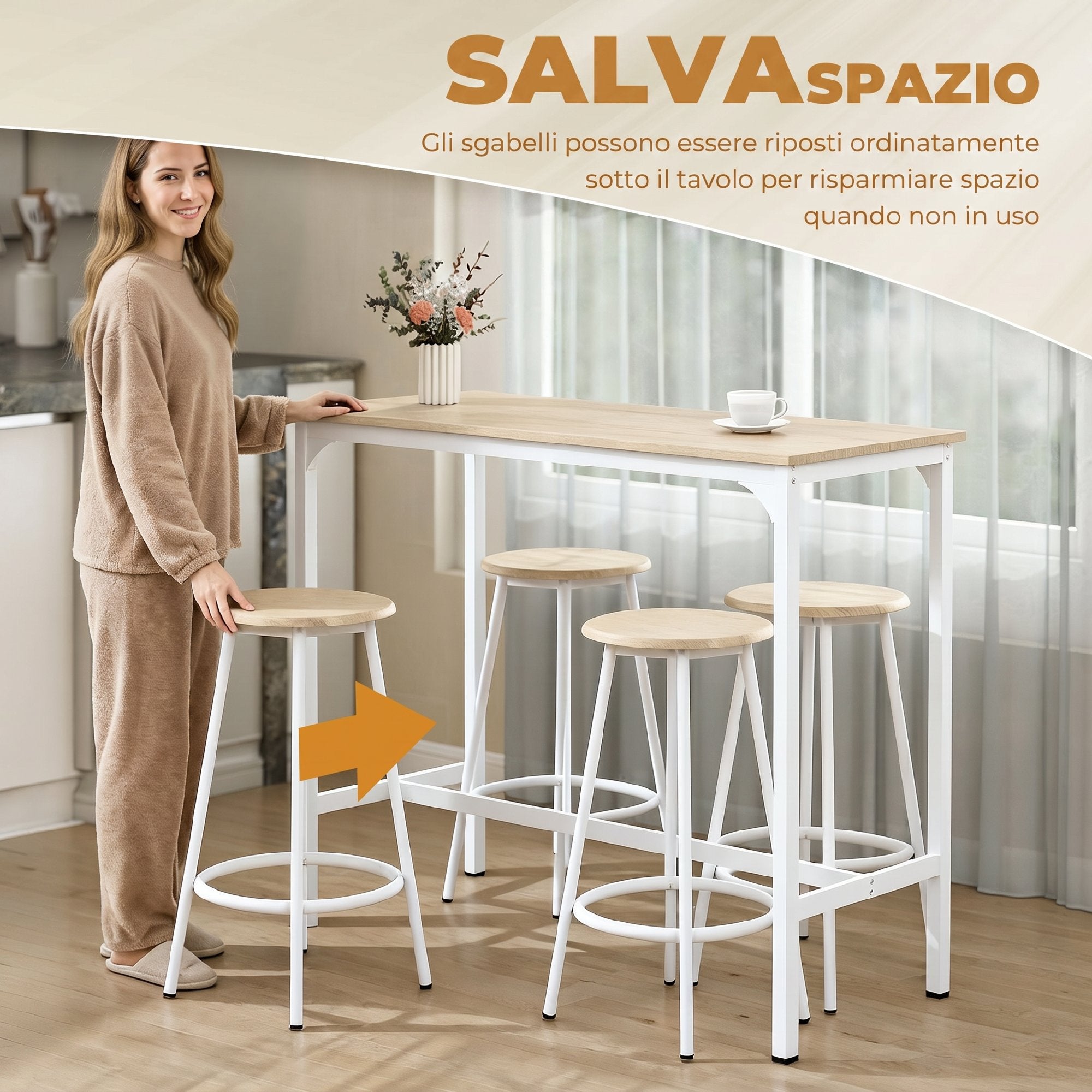 HOMCOM 5-Piece Dining Set with 110x50x89.5cm Bar Counter and Ø30x60.5cm Stools in Wood and Metal, Wood Color