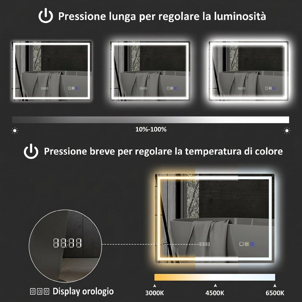 HOMCOM Anti-Fog Bathroom Mirror with Adjustable LED Light, Bluetooth Speaker, Touch Buttons, 80x60 cm
