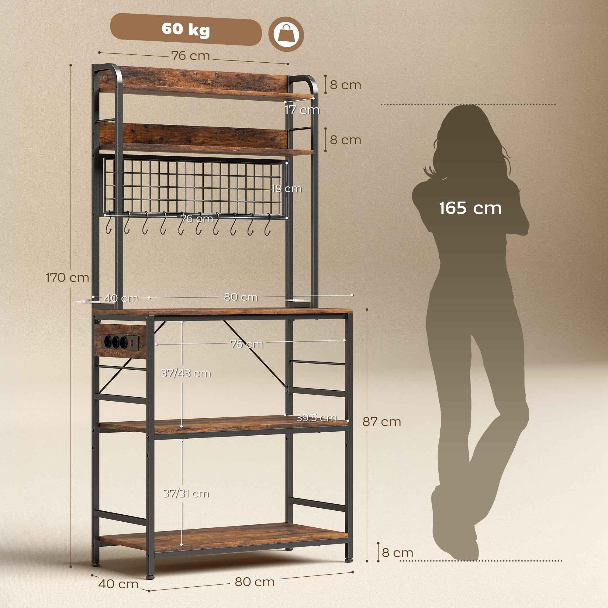 HOMCOM Kitchen Shelf with Charging Station, 5 Shelves and 10 S-Hooks, Wood and Steel, 80x40x170 cm, Brown