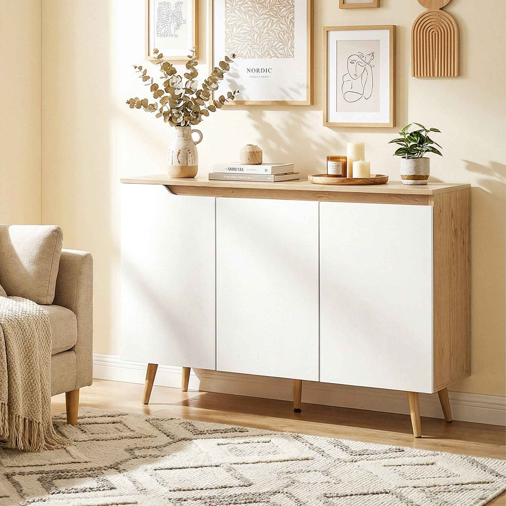 HOMCOM Modern 3-Door Sideboard with 3 Adjustable Shelves and 5 Wooden Legs, 107x35x76.5 cm, White and Oak