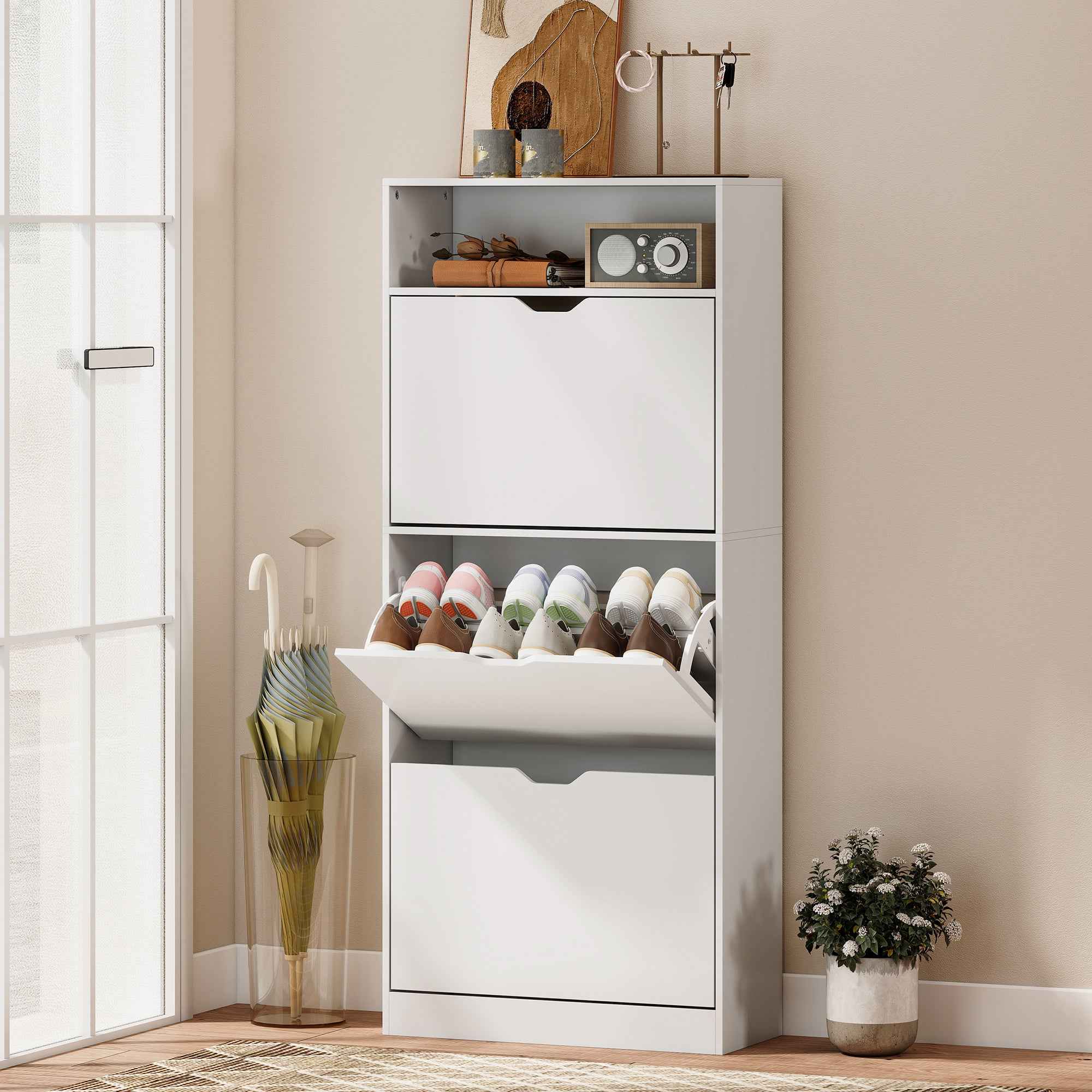 Shoe Rack with 3 Flap Drawers and Adjustable Shelves, for Hallway or Entryway