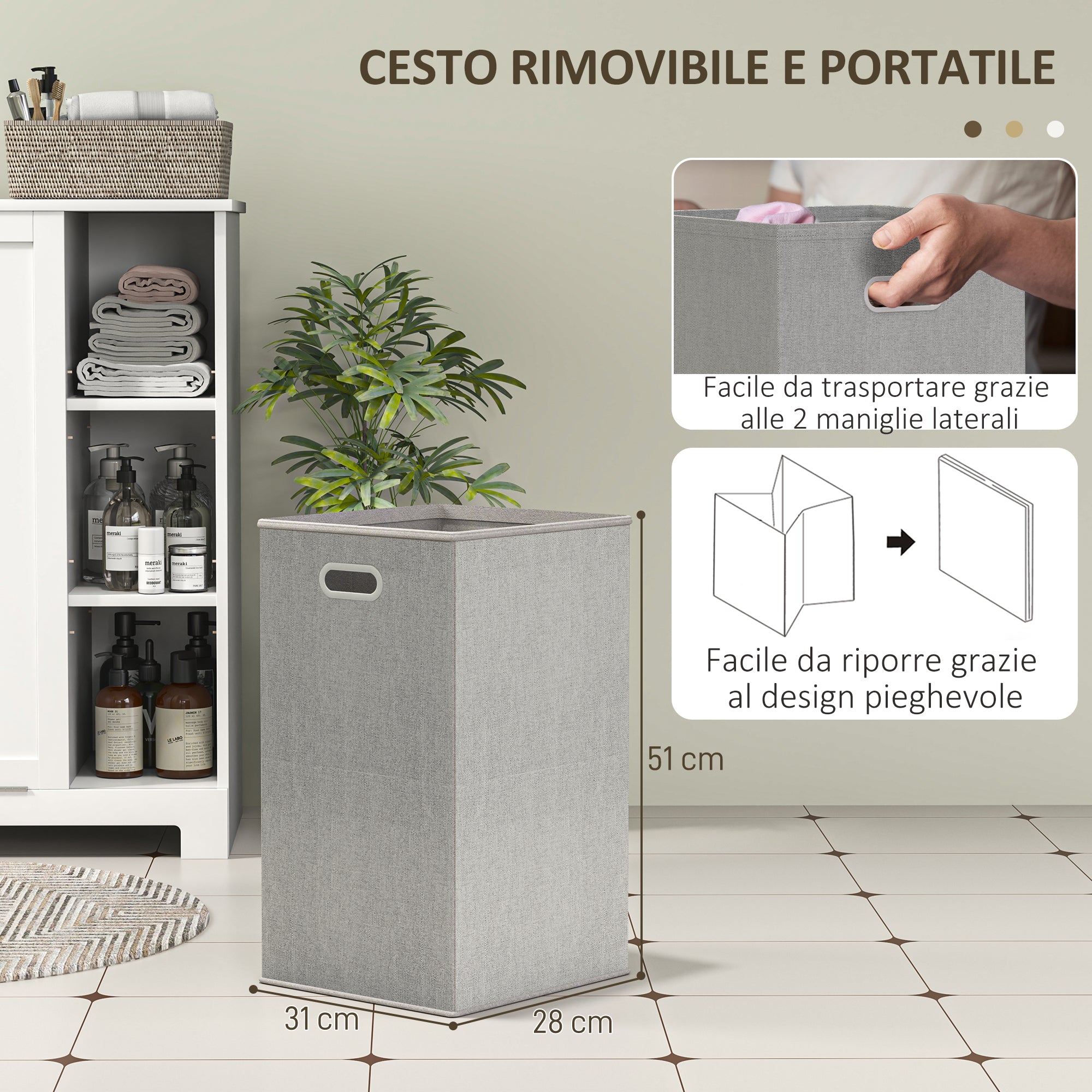 Bathroom Laundry Cabinet with Removable Basket and Adjustable Shelves, 60x38x86 cm, White