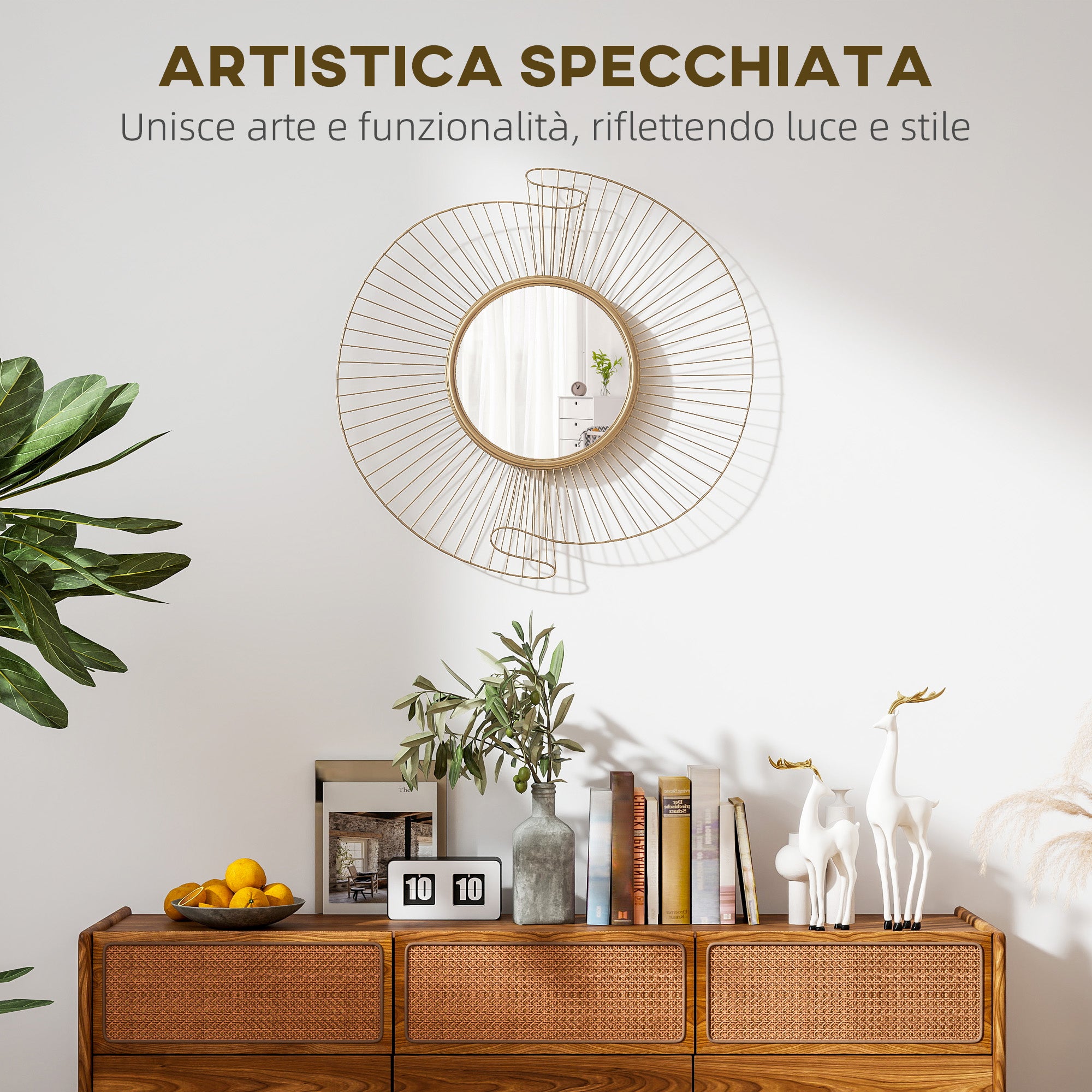 HOMCOM Round Wall Mirror with Metal Stripes and Pleated Design, 60x60 cm, Gold