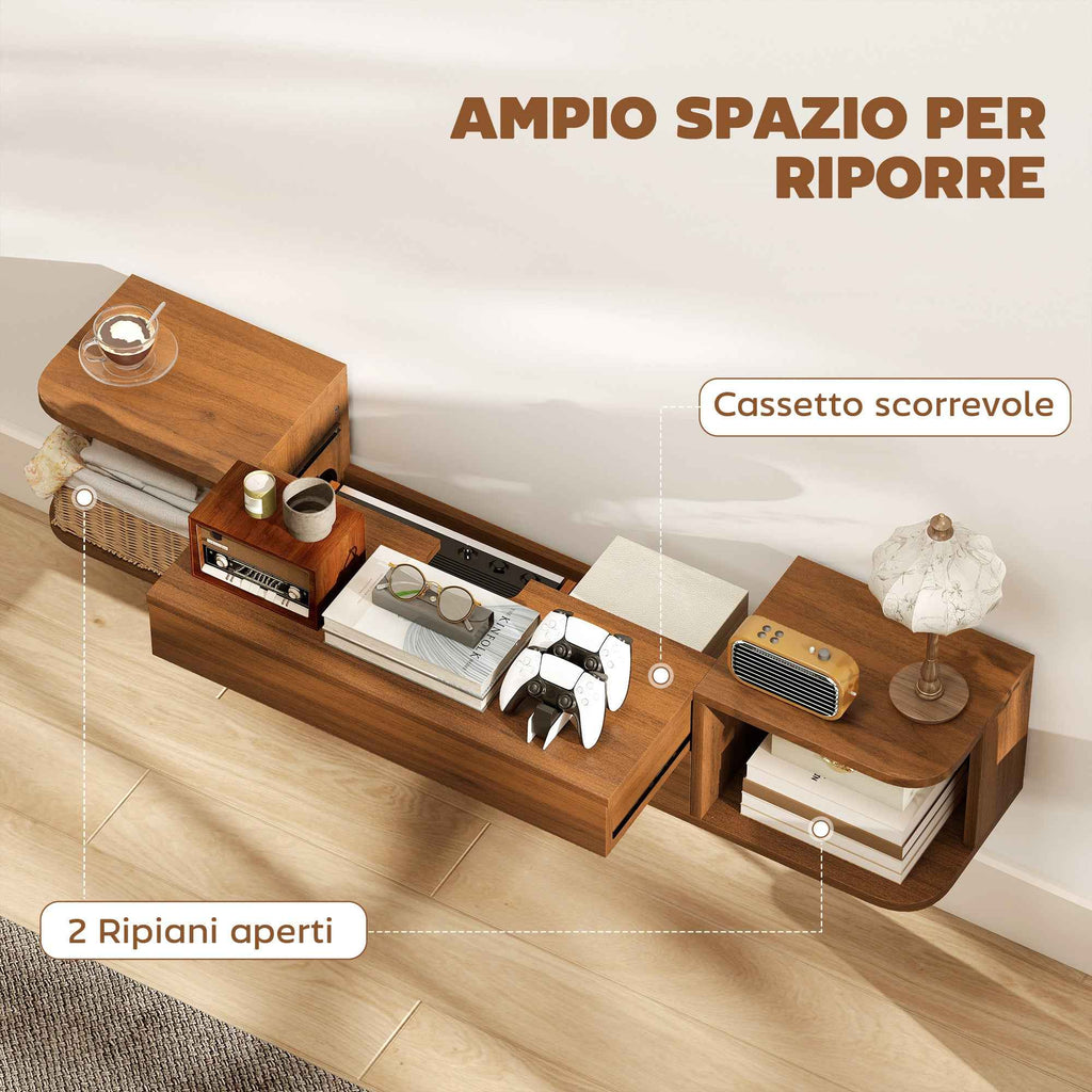 HOMCOM Wall-Mounted TV Stand for up to 50" with Power Sockets, USB and Type-C, Drawer and Shelves, 120x24x22.4 cm, Walnut