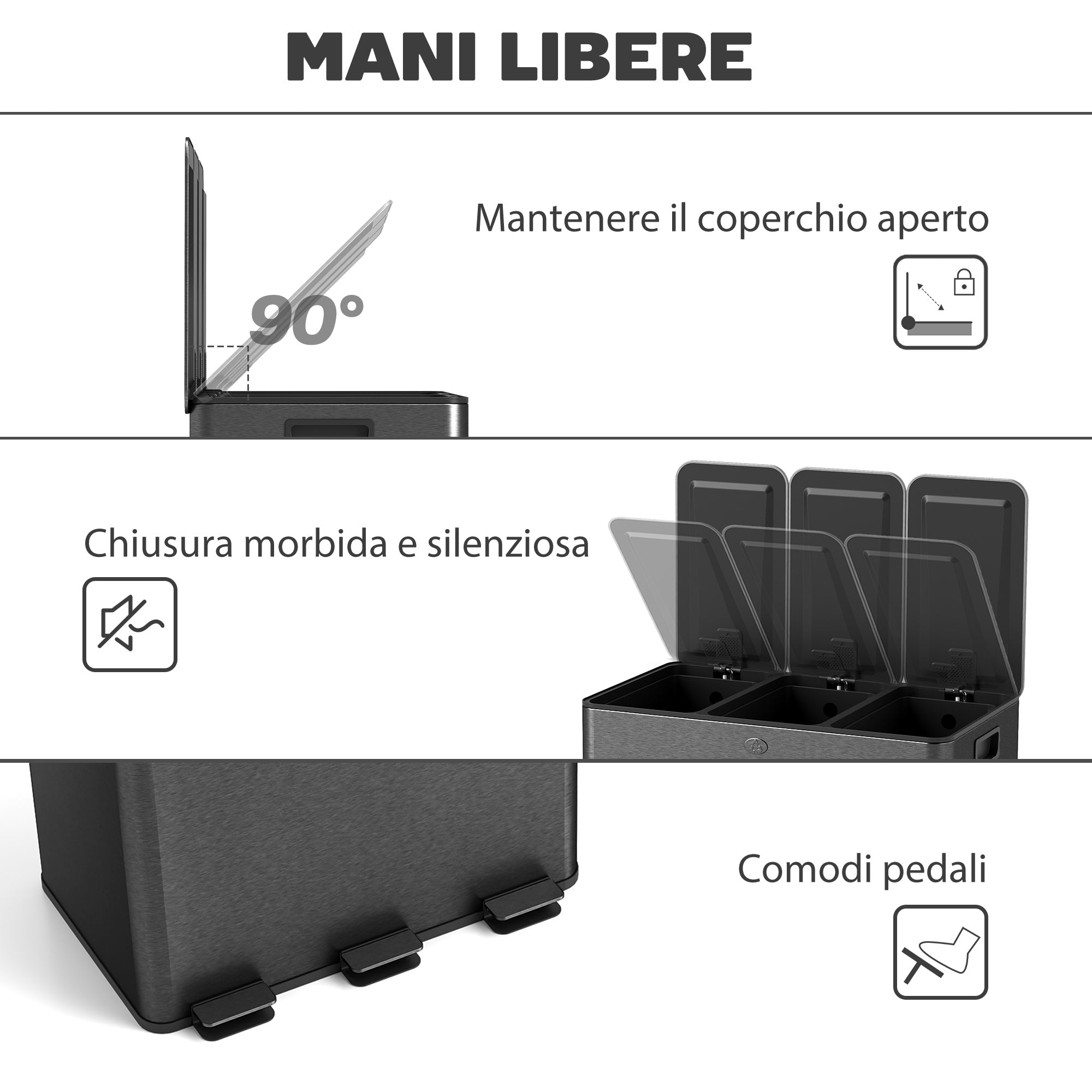 20L 3-Section Rubbish Bin with Silent Closure, Stainless Steel and PP, 61.9 x 36.6 x 56.7 cm, Black