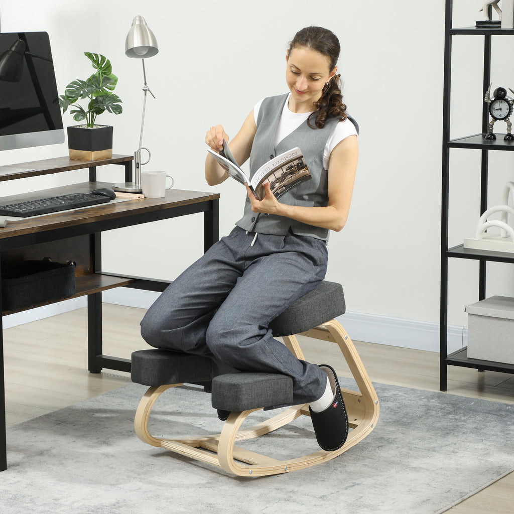 Ergonomic Kneeling Chair in Birch Wood and Cushion, 51x69x58 cm, Grey